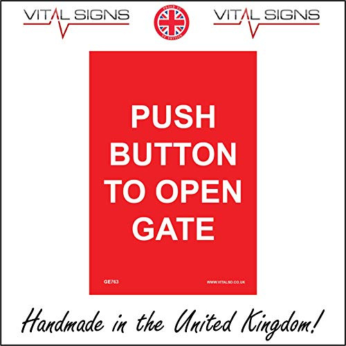 GE763 Push Button to Open Gate Sign Slide Bolt Electric Release Handle 100mm x 150mm Sticker/Sav - White Background