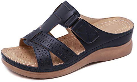 CELANDA Mules en Cuir pour Femme Sandales Mode Bout Ouvert Compensées Plateforme Pantoufles Premium Orthopédiques Sandales Vintage Chaussons de Plage d'été Bleu Marin,Taille:37 EU