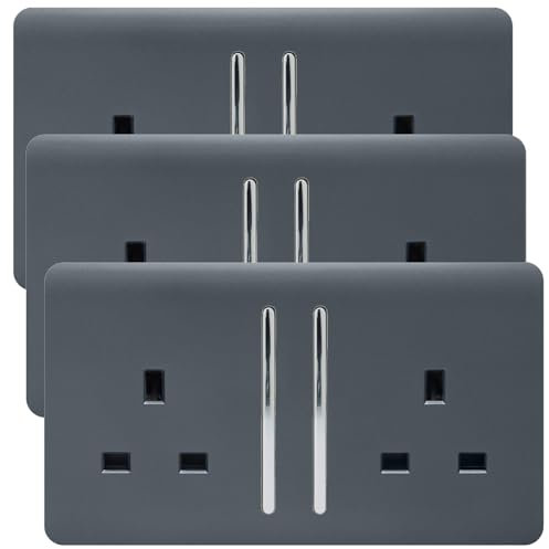 Trendi 2 Gang Artistic Modern Glossy 13 Amp Switched Plug Socket Warm Grey (3 Pack)