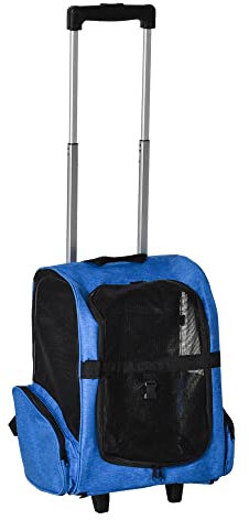 PawHut Transportín Carrito para Mascotas 2 en 1 Mochila de Viaje con 2 Ruedas para Perros Gatos con Asa Retráctil de Aluminio y Bolsillos de Almacenaje 42x25x55 cm Azul