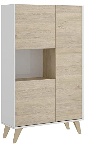 Mobelcenter - Mueble Aparador Alto 3 Puertas - Buffet Moderno - Armario Auxiliar Comedor - Acabado Color Blanco y Natural - Medidas: Ancho: 81 cm x Fondo: 43 cm x Alto: 135 cm - (1253)