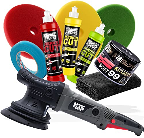 detailmate Polier Set: PLSH H15 Poliermaschine + 3x Garage Freaks Politur made by menzerna 250ml & passende Pads 150mm + Soft99 Dark & Black Wax Versiegelung 300g + 3M Band + detailmate Poliertuch