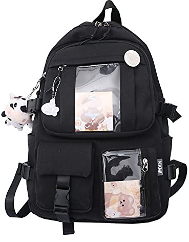 LYEAA Kawaii Rucksack mit Pins & Plüschtier Anhänger, Frauen Mädchen Preppy Stil PVC Patchwork Klar Rucksack Schultasche Große Kapazität Rucksack Handtaschen, Stil A, schwarz