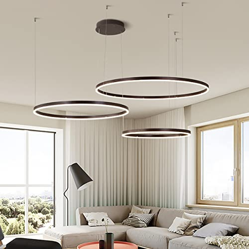 HYQJUNE Modern LED Ring Pendelleuchte Dimmbar Wohnzimmerlamp Aluminium Kronleuchter Mit Fernbedienung Schlafzimmer Hängeleuchte Salon Esszimmer Deckenleuchte Metall Acryl Hängelampe,Braun,60+80+100