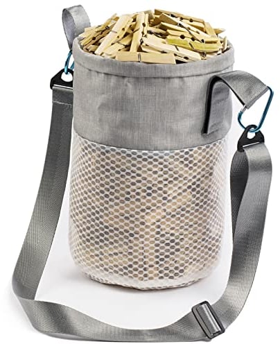 KOOZTI Clothespin Bag for Clothesline Outdoor, Clothes Pin Bag with Shoulder Straps, Drawstring Closure, Ventilated and Moisture Resistant, Large Capacity Laundry Clothespin Storage with Hook