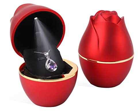 Rolin Roly Boîte de Collier Pendentif avec Lumière LED Rouge Boîte en Forme de Rose Coffrets Cadeaux à Bijoux en Velours LED Necklace Box pour Proposition Fiançailles