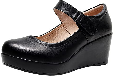 Jamron Femme Plateforme Haute 6CM Talon Compensé Mary Jane Chaussures Crochet et Boucle Escarpins Cuir Noir SN070281-1 EU38