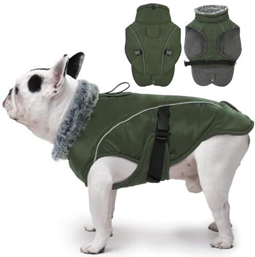 DENTRUN Hundemantel Fleece, Hund Wintermantel, Hundemantel Wasserdicht mit Fleece Gefütterte, Pullover für Hunde, Wintermantel Hund Mittelgroß, Winter Wasserdicht Hundejacke (Armeegrün,M)