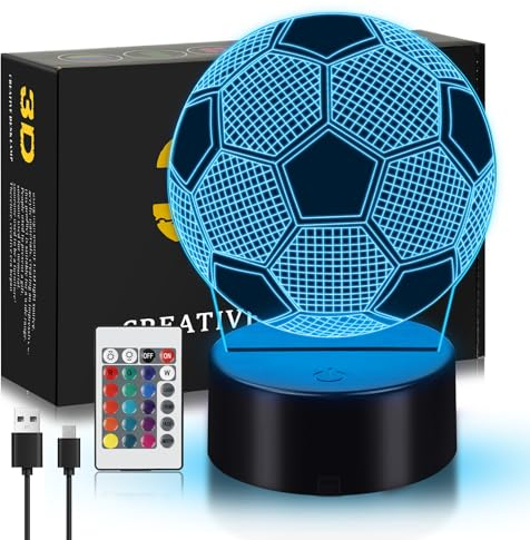 Calcio Lampade, 3D Calcio LED Luce Notturna, Regalo de Calcio per Bambini 10 anni maschio, 16 Cambi di Colore Illusione Ottica Luce Notturna, Compleanno Regali di Natale per Ragazza, Ragazzo