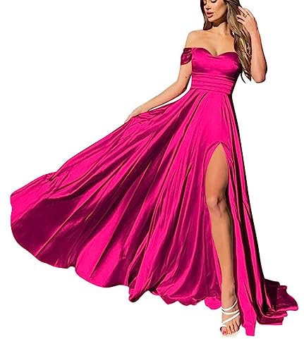 YIANN Vestidos de cóctel de boda, acampanados, largos, elegantes, de satén, de seda, formal, vestidos de noche para mujer, con abertura, fucsia, 58 Más