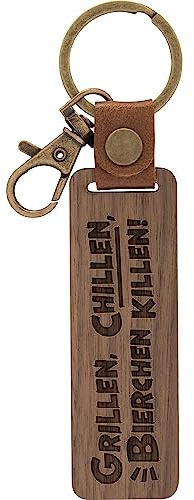 GRUSS & CO Schlüsselanhänger Holz Motiv Grillen | Anhänger aus Walnussholz mit Gravur Grillen, chillen, Bierchen killen, inkl. Karabiner | 48347