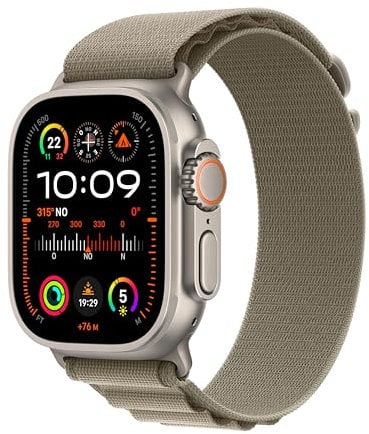 Apple Watch Ultra 2 GPS + Cellular 49mm Smartwatch con robusta cassa in titanio e Alpine Loop oliva - Small. Fitness tracker, GPS di precisione, tasto Azione, batteria a lunghissima durata