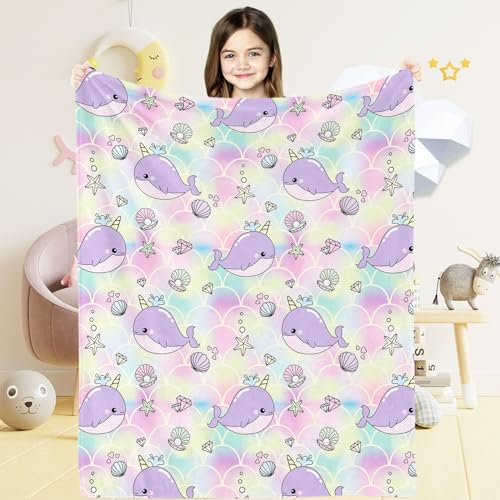 Narwal Babydecke für Mädchen, Weich Flauschig Regenbogen Narwal Meerjungfrau Flanell Decke für Neugeboren, Bunt Narwal Baby Kuscheldecke Wohndecke für Kleinkind Kinder Geschenk Couch Sofa, 80x120 cm