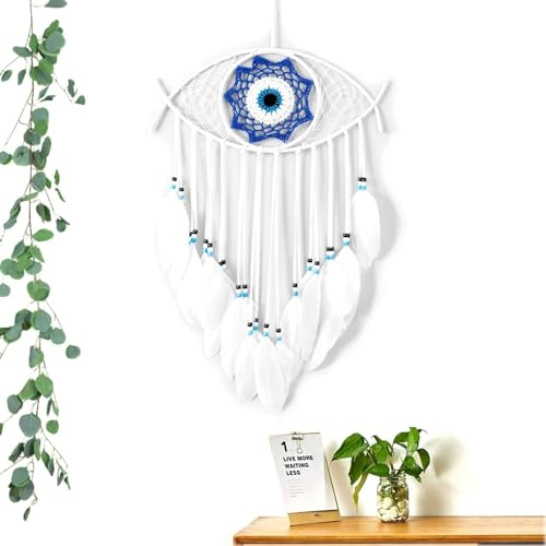 JZK Atrapasueños blanco de mal de ojo, atrapasueños de plumas con cuentas para decoración de dormitorio, adorno colgante de pared, regalo gótico, atrapasueños de macramé ojo diablo