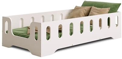 smartwood Kinderbett Bodenbett 80x180 mit Rausfallschutz & Lattenrost - Weiß - Kinder Montessori Bett TILA 2B mit glatten Kanten - Betten für schnelle Montage - Bis 230 kg belastbar