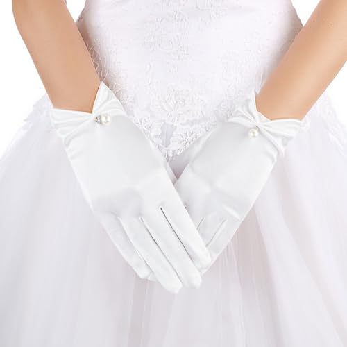 TIESOME Short Satin Gloves for Women - White Pearl Wedding Bridal Gloves, Wrist Length for Opera Banquet 1920s Flapper Tea Party Tuxedo Accessories