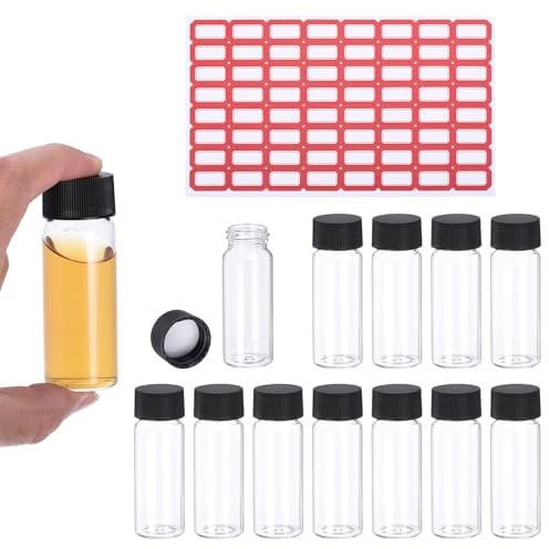 PATIKIL 30ml Clear Glass Vials, 12 Pack Sample Vials with Screw Cap Reagent Media Bottle with Labels Leak-Proof Liquid Sample Glass Vial for Lab Laboratory