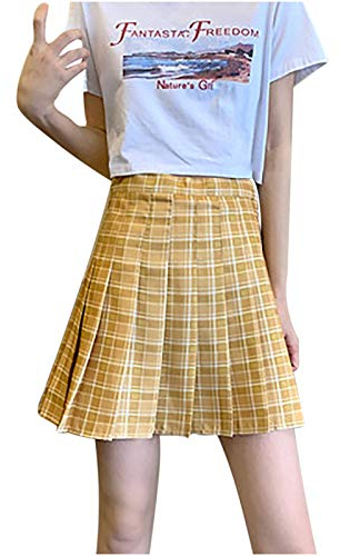 Rock Kariert Damen Mode Frauen Plaid Plissee A-Linie Rock -Burnout Hohe Taille Kurzer Rock Kurzes Weißes Kleid (Yellow, S)