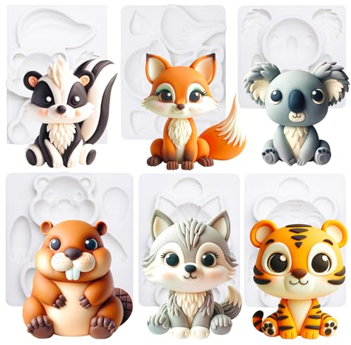 Moule à Fondant en Silicone, décoration de gâteau en forme d'animaux des bois, Kit de 6 pièces, renard, loup, tigre, Koala, mouffettes, castors