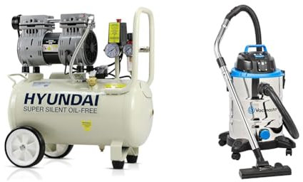 Hyundai HY7524 24 litre Air Compressor, 5.2cfm/100psi, Silenced & Vacmaster Power 30 PTO Wet & Dry Cleaner, with Power Take Off Socket, 30 litre Capacity, 1500W Motor and 2 Year Guarantee