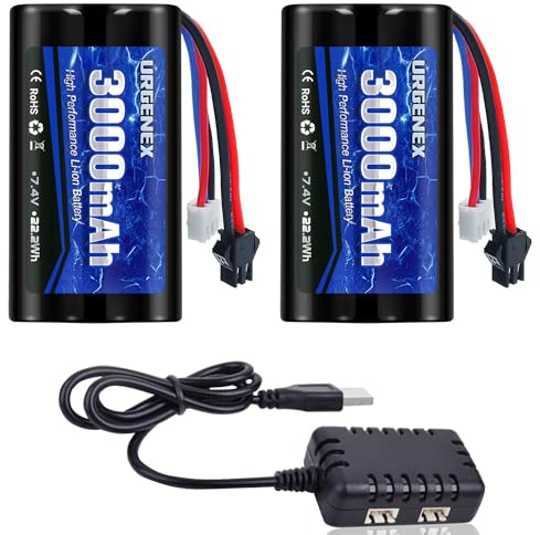 URGENEX 3000mAh 7.4V Li-ion Akku with SM-2P Plug 2S Rechargeable RC Battery Compatible with Most WPL MN RC Cars Trucks and H101 RC Boat High Capacity RC Batteries with 7.4V 1 to 2 USB Charger