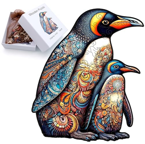 JJYHEHOT Holzpuzzle Erwachsene, Pinguinfamilie Holzpuzzle, 71 Stück Einzigartige Tierförmige Holz-Puzzle, Knobelspiele in Tierform Unregelmäßige Teile Geschenk für Erwachsene und Kinder (S)
