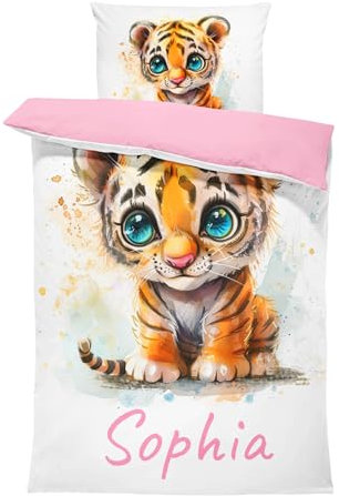 Pictogogo Süßer Großaugen-Tiger Design Kleinkindbettwäsche für Mädchen und Jungen, Personalisiert, Wählbare Unterfarbe (Weiß, Rosa, Blau, Grau), Oeko-TEX, 100 x 135 cm