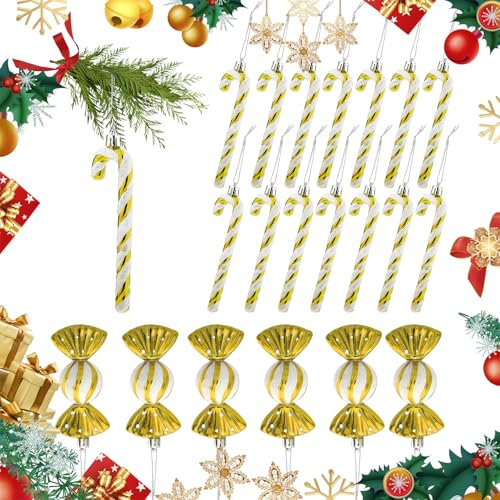 Fsoloni Zuckerstangen Weihnachten Deko,18 Stück Weihnachtskugeln Zuckerstangen Deko Glitzer Weihnachtsbaumschmuck Gold & Weiß Süße Weihnachtsanhänger Weihnachtsbaum Deko