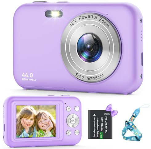 Purple Kids Camera, FHD 1080P 44MP, Portable Compact Digital Camera with 16X Digital Zoom, Rechargeable for Kids, Teenagers, Beginners, Adults
