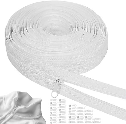 Endlosreißverschluss mit Zipper, 6mm 20m Reißverschluss mit 40 Metall Schieber Nylon Endlos Reissverschluss Meterware für Bettwäsche Kissenbeutel Kleidung (Weiß)