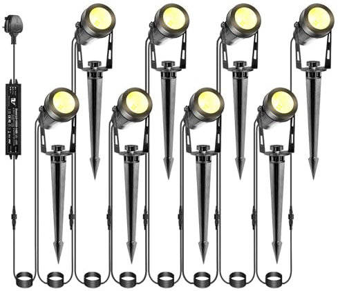 IRISECO 8-1 Garden Spike Lights, 12V Low Voltage LED Garden Spot Lights, 27M Outdoor Spotlights Mains Powered, IP65 Waterproof Plug-in Landscape Lights for Lawn, Pathway, Yard, Patio (Warm White)