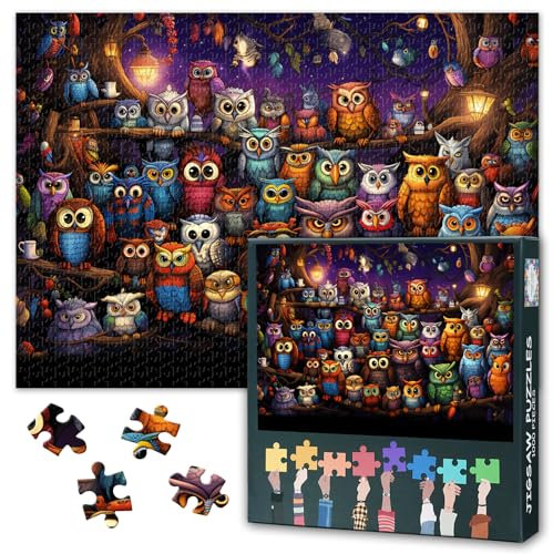 Eulen Puzzle 1000 Teile Erwachsene - Mystischer Mondwald Nachtszene, Tierkunst Premium Puzzle mit 50x70 cm Motivgröße