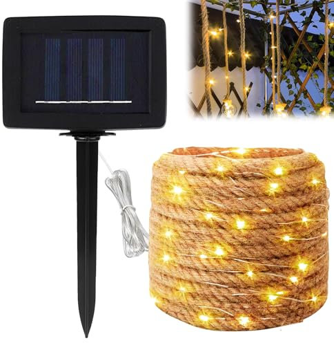 7M Corde De Chanvre Solaire Lumière, 10mm Corde Lumineuse En Fibres Naturelles, Guirlande Lumineuse Solaire D'extérieur, Guirlande Solaire Exterieur Pour Jardin Terrasse Cour Noël Mariage Fête