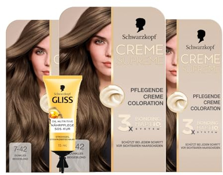 Schwarzkopf Creme Supreme Coloration 7-42 Beigeblond (3x182 ml), dauerhafte Haarfarbe & GLISS SOS-Intensiv-Kur Oil Nutritive 15ml, intensiviert den natürlichen Glanz und die Geschmeidigkeit
