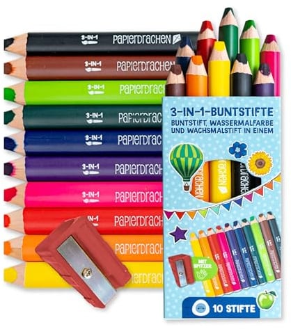 Papierdrachen 3-in-1 Buntstifte mit Anspitzer - 10 St. - Bunt - dicke Malstifte für Kinder - Wachsmaler & Aquarellstift - wasservermalbar - Kita - Schule
