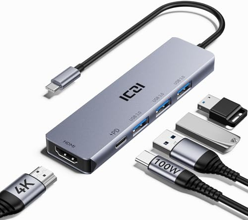 ICZI 5-in-1 USB-C Hub 4K HDMI 5Gbps 100W PD for MacBook iPhone 15/16 Series | Aluminum Case, Durable PVC Cable, 5Gbps USB 3.0, 4K Display, 100W Charge, Fits iPad, Laptops, Home Office & Travel Use