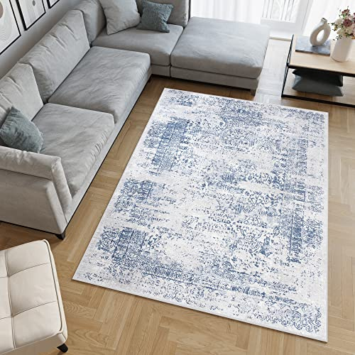TAPISO Sky Teppich Kurzflor Creme Blau Ornament Ethno Meliert 240 x 300 cm | Modern Meliert Verwischt Design Wohnzimmer Schlafzimmer 3D Optik OEKO-TEX
