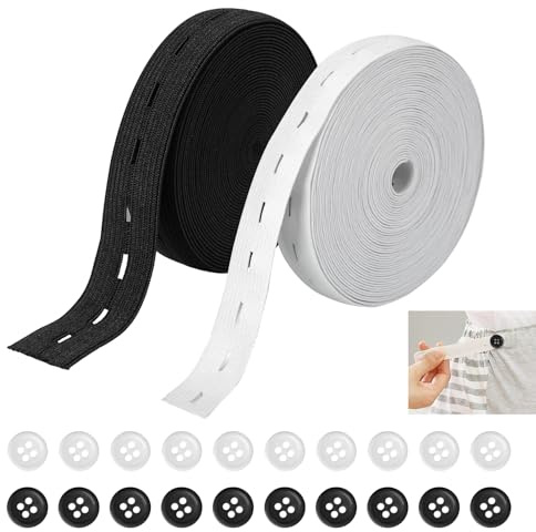 2 Rolls Buttonhole Elastic, Elastic with Button Holes, 15mm x 8m Black & White Adjustable Sewing Webbing Tape with 20 Buttons, Stretchable Spandex Webbing Tape for Waistbands Jeans Skirts Trousers