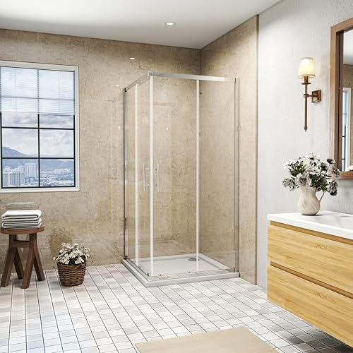 SLINE SANITARY Corner Entry Shower Enclosure Walk in 900x900mm Cubicle Sliding Glass Door and Shower Tray 900x900mm
