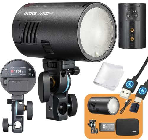 Godox AD100 Pro II Pocket Flash 100Ws, AD100PRO II 2.4GHz TTL FLASH, 28–85mm Zoom, 490 Full-Power Flashes, 0.01–1.5s Recycle, HSS 1/8000s, 2850mAh Battery, USB-C Charging, 16 Colour Groups
