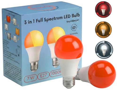 Toys4Boys E27 LED Birne Einschlaflicht mit 3 Modi - Amber, Rot & Dämmerung - Flimmerfrei & Blaulichtfrei - Fördert Melatonin und Schlaf - Rotlichtlampe Birne Für Schlafzimmer, Abendroutine 2er Set