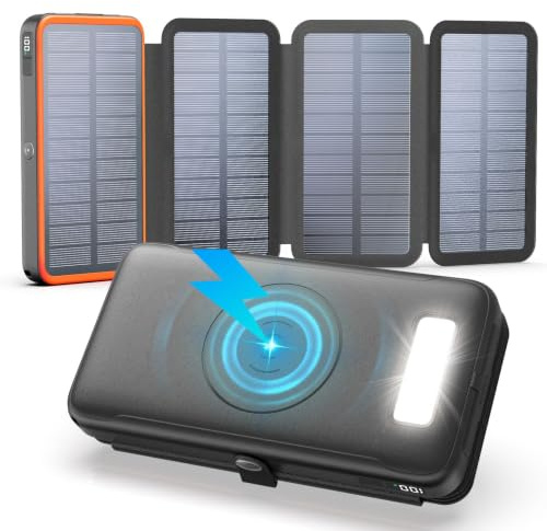A ADDTOP Powerbank Solare 20000mAh, Ricarica Rapida da 22,5W, Ricarica Wireless, 2 uscite USB-A, 1 ingresso/uscita USB-C, 4 pannelli solari pieghevoli per cellulari, tablet e campeggio