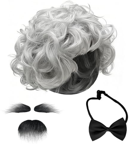 TSHAOUN 5-Teiliges Kostümset für Alte Männer, Verrückter Wissenschaftler, Professor Perücke Grauer Bart Augenbrauen Fliege, Opa-Kostüm für Halloween, Festival, Cosplay, Herrenperücke (Grey)