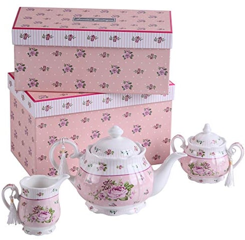 Porcelain Teapot Sets Teapot Sugar Bowl and Cream Milk Jug Shabby Chic Vintage Floral in Gift Box (Pink)