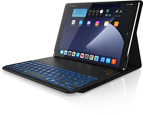 CSL - Bluetooth Tastatur - kompatibel mit Tablet iPad Pro 10.5”/ Air3 10.5” - Kunstleder - Keyboard - Tastaturbeleuchtung 7 Farben - Funktionstasten - QWERTZ Layout