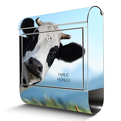 banjado® Briefkasten Edelstahl personalisiert mit Motiv Neugierig 38x43x12cm & 2 Schlüssel - rostfreier Edelstahl Briefkasten mit Zeitungsfach - Postkasten A4 Einwurf inkl. Montagematerial