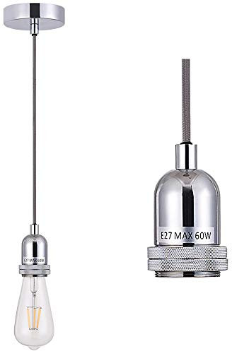 ULIGHT Silver Chrome Ceiling Pendant Light Fitting, Twisted Braided Flex,E27 Lamp Holder Suspended Pendant Light Fitting-CMF01CHR