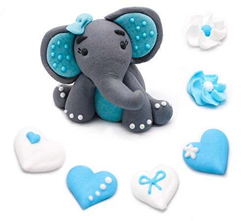 Bombasei Handgefertigte Zucker Fondant Figur, perfekt für Torten- & Kuchendekoration, Tortendeko zum Verschenken für Junge und Mädchen & selbst freuen (Elefant Blau)