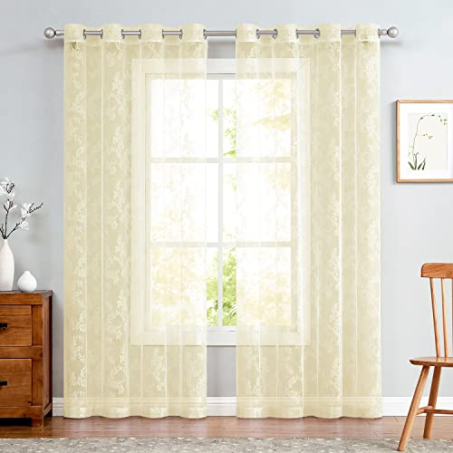 TOPICK Spitzen Gardinen Transparent H 225 x B 150 (cm) 2er Set Lace Vorhänge Schal Rose Gardine mit Ösen Durchsichtig Vorhang für Wohnzimmer Esszimmer Schlafzimmer Beige