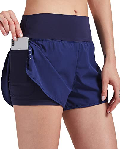 VIGVAN 2 in 1 Laufhose Damen Sport Shorts Sommer Kurze Hose Schnelltrocknend Fitness Yoga Shorts Gym Jogging Training Sporthose für Damen mit Taschen (NV, L)
